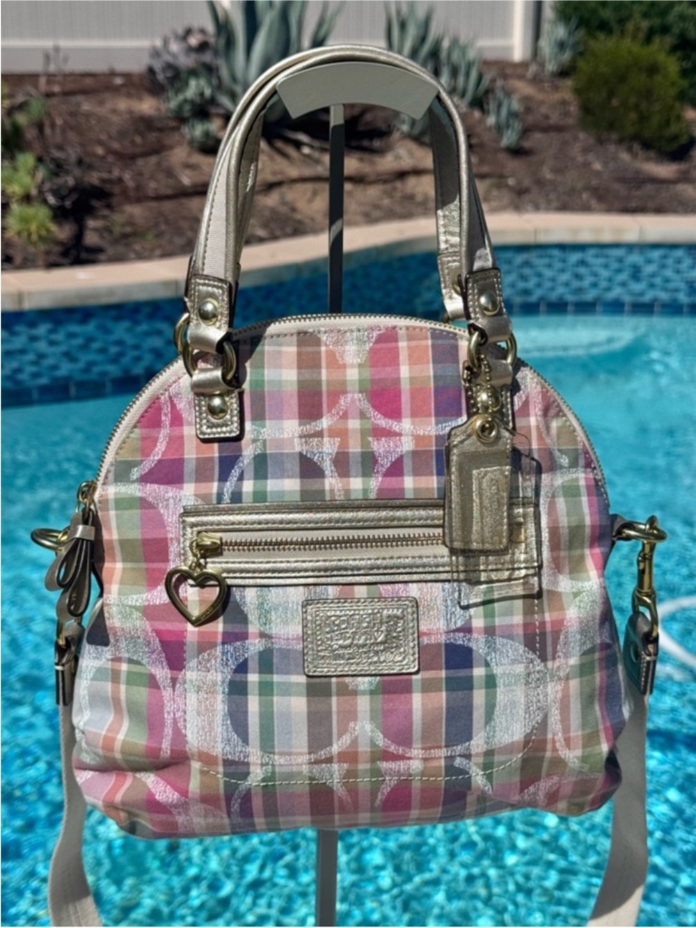 Coach Poppy Madras Multicolor Plaid Dome Satchel with Gold Hardware Pristine